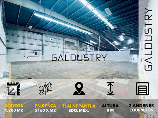 BODEGA EN RENTA EN TLALNEPANTLA DE 1,200 m2 desde $160 x m2, 2 andenes + entrada de trailer.