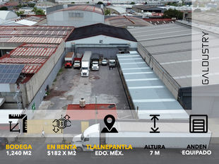 BODEGA EN RENTA EN TLALNEPANTLA DE 1,240 m2 desde $182 x m2, 1 anden equipado.