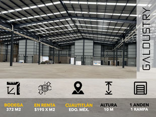 BODEGA EN RENTA EN CUAUTITLÁN DE 372 m2 desde $195 x m2, 1 anden + 1 rampa.