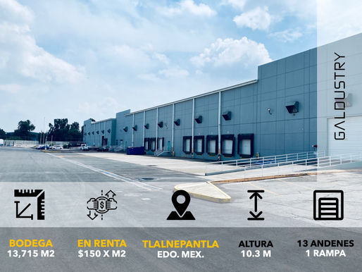 PARQUE INDUSTRIAL ROCA TLALNEPANTLA, Bodega en renta de 13,715 m2 desde $150 x m2, 8 andenes.