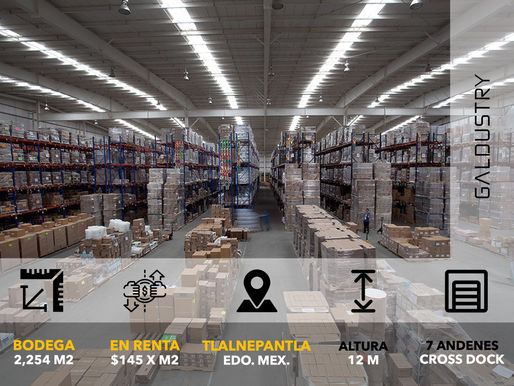 LITOS TLANEPARK TLALNEPANTLA, Bodega en Renta de 2,254 m2 desde $145 x m2, 7 andenes cross dock.