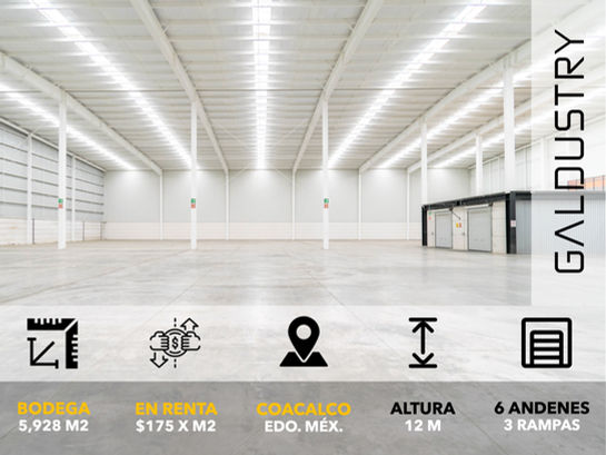 BODEGA EN RENTA EN COACALCO DE 5,928 m2 desde $175 x m2, 6 andenes + 3 rampas.