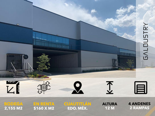 BODEGA EN RENTA EN CUAUTITLÁN DE 2,155 m2 desde $160 x m2, 2 andenes + 1 rampa.