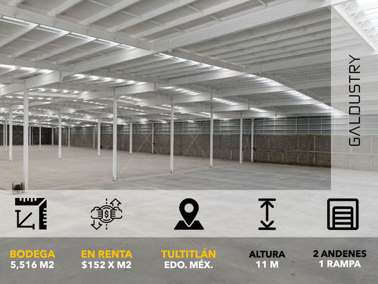 BODEGA EN RENTA EN TULTITLÁN WP3 DE 5,516 m2 desde $152 x m2, 2 andenes equipados, 1 rampa de acceso + drop lot.