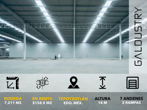 BODEGA EN RENTA EN TEPOTZOTLÁN DE 7,211 m2 desde $158 x m2, 7 andenes equipados + 2 rampas de acceso.