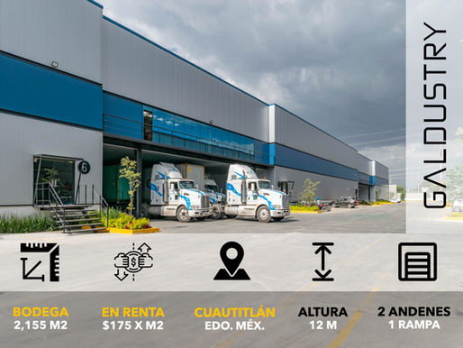 BODEGA EN RENTA EN CUAUTITLÁN DE 2,155 m2 desde $175 x m2, 2 andenes + 1 rampa.