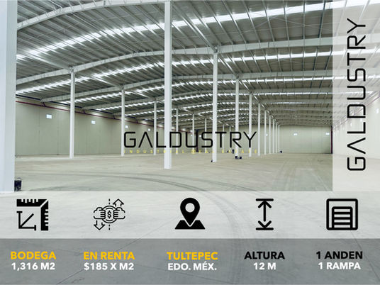 BODEGA EN RENTA EN TULTEPEC DE 1,316 m2 desde $185 x m2, 1 anden + 1 rampa.