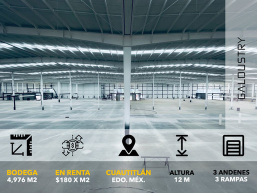 BODEGA EN RENTA EN CUAUTITLÁN DE 4,976 m2 desde $180 x m2, 3 andenes equipados + 3 rampas.