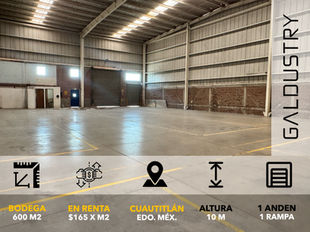 BODEGA EN RENTA EN CUAUTITLÁN DE 600 m2 desde $165 x m2, 1 anden + 1 rampa.
