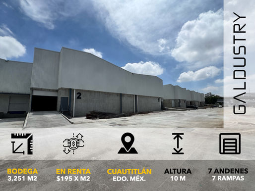 BODEGA EN RENTA EN CUAUTITLÁN DE 3,251 m2 desde $195 x m2, 7 andenes + 7 rampas.