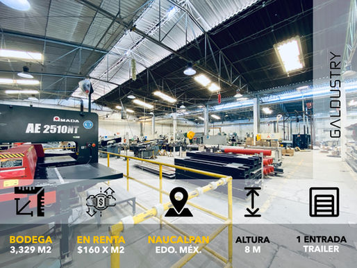 BODEGA EN RENTA EN NAUCALPAN DE 3,329 m2 desde $160 x m2, 1 entrada de trailer, 8 metros de altura.