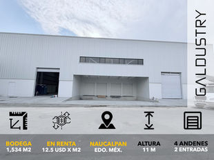 BODEGA EN RENTA EN NAUCALPAN DE 1,534 m2 desde 12.5 USD x m2, 4 andenes + 2 entradas a bodega.
