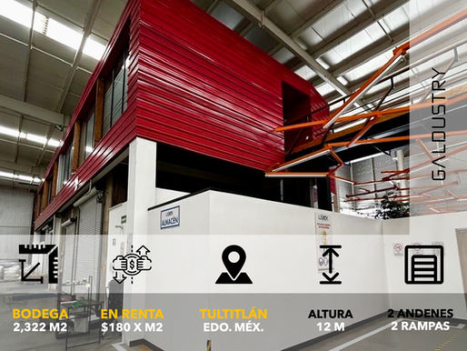 BODEGA EN RENTA EN TULTITLÁN DE 2,322 m2 desde $180 x m2, 2 andenes equipados + 2 rampas de acceso.