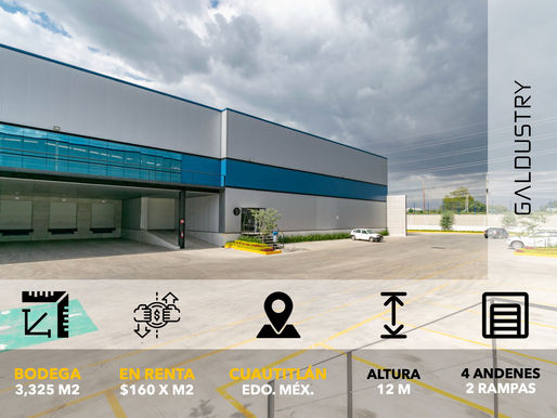BODEGA EN RENTA EN CUAUTITLÁN DE 3,325 m2 desde $160 x m2, 4 andenes + 2 rampas.
