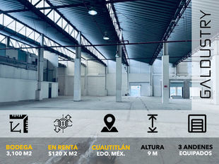 BODEGA EN RENTA EN CUAUTITLÁN DE 3,100 m2 desde $120 x m2, 2 andenes para trailer + 1 anden para camioneta.