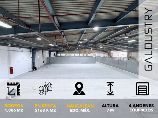 BODEGA EN RENTA EN NAUCALPAN DE 1,086 m2 desde $168 x m2, 4 andenes compartidos + 2 elevadores.