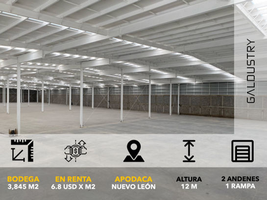 BODEGA EN RENTA EN APODACA, N.L. de 3,845 m2 desde 6.8 USD x m2, 2 andenes + 1 rampa.