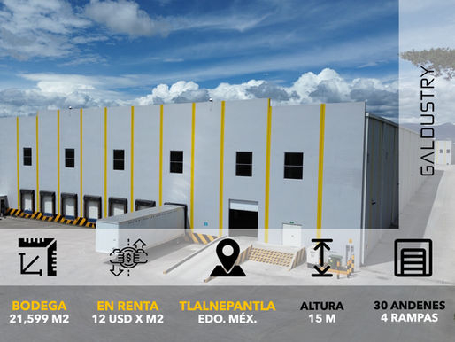 BODEGA EN RENTA EN TLALNEPANTLA DE 21,599 m2 desde 12 USD x m2, 84 andenes equipados + 9 rampas.