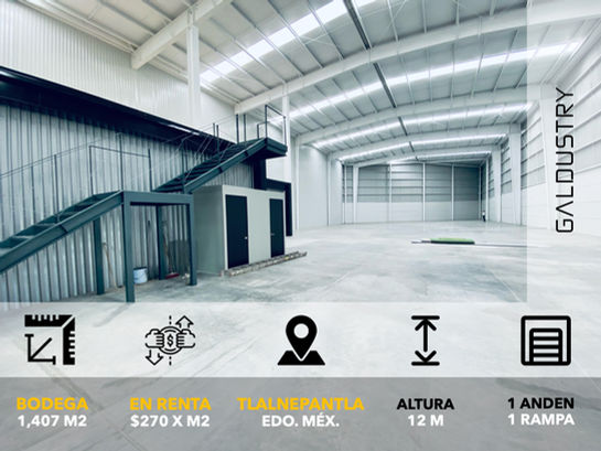 BODEGA EN RENTA EN TLALNEPANTLA DE 1,324 m2 desde $270 x m2, 1 anden + 1 rampa.