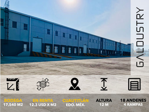 BODEGA EN RENTA EN CUAUTITLÁN DE 17,540 m2, desde 12.3 USD x m2, 18 andenes equipados, 4 rampas de acceso.