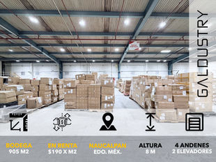 BODEGA EN RENTA EN NAUCALPAN DE 905 m2 desde $190 x m2, 4 andenes compartidos + 2 elevadores de carga.