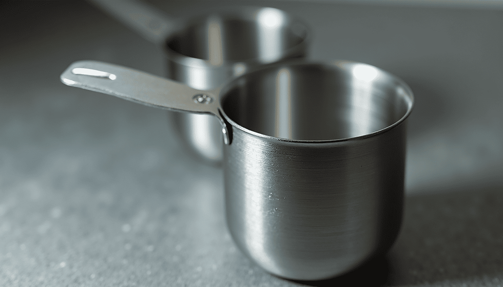High angle view of stainless-steel measuring cups