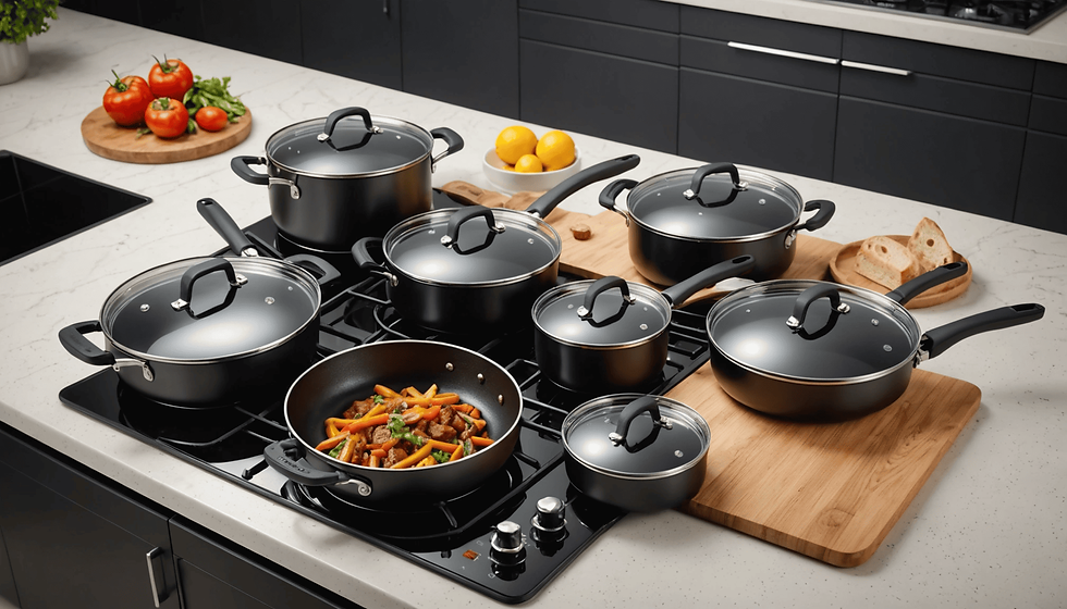 High angle view of non-stick cookware set in a modern kitchen