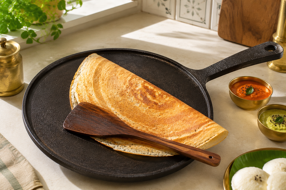 Seasoned cast iron dosa tawa with a crisp dosa in an Indian kitchen
