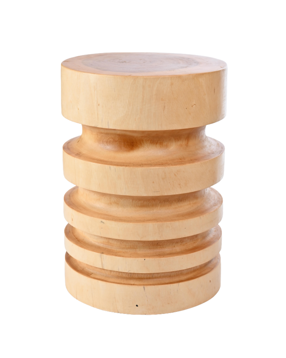 Round wooden stool with a smooth natural finish, ideal as a seat or small accent table.