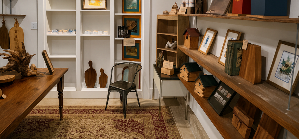shelves in Faubion and Friends Studio in Burton Texas with multiple handmade wooden products on display