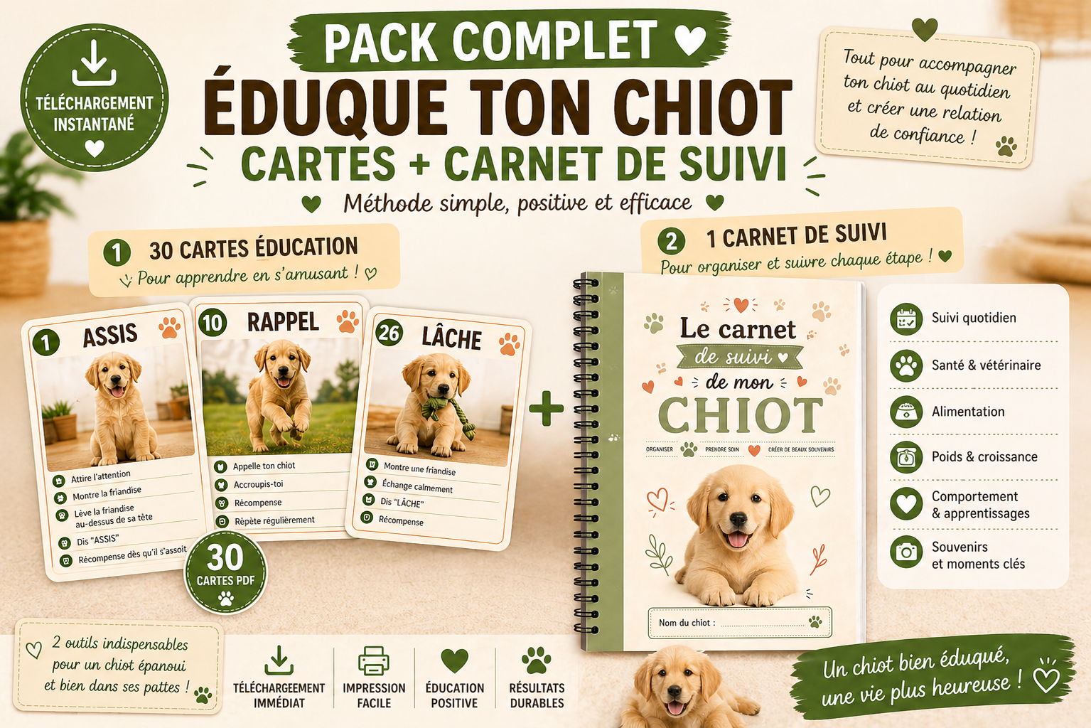 Pack éducation chiot PDF | 30 cartes dressage + carnet de suivi | Puppy training