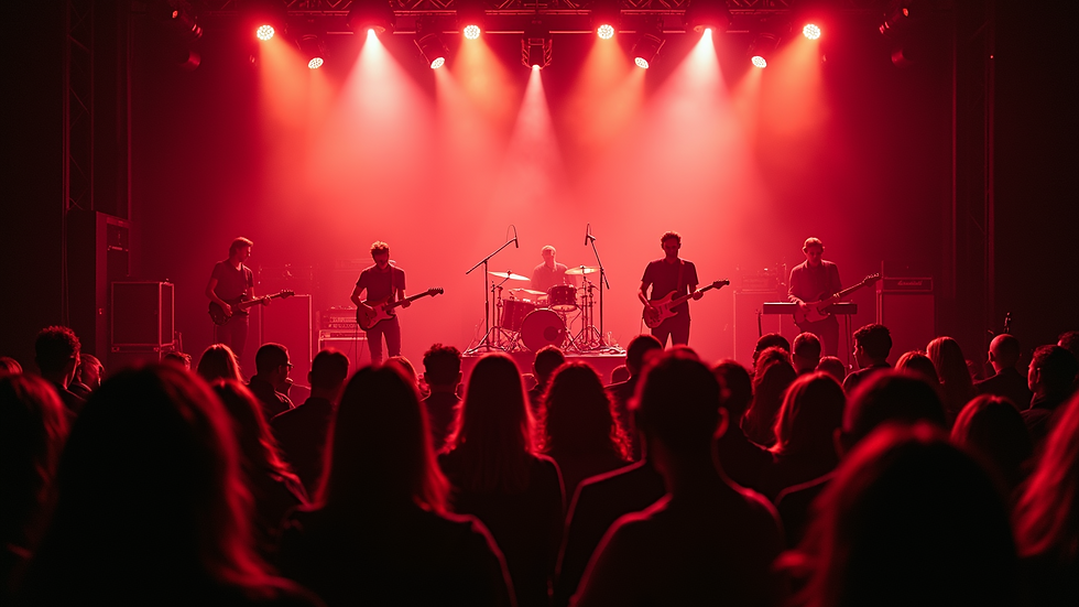 High angle view of a live band performing on stage