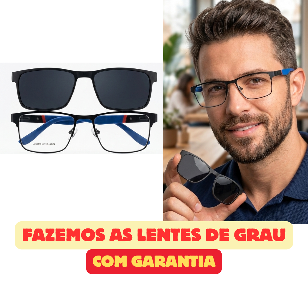DR-119 Armação de Óculos Clipon Preto com Azul Metal Retangular Masculino
