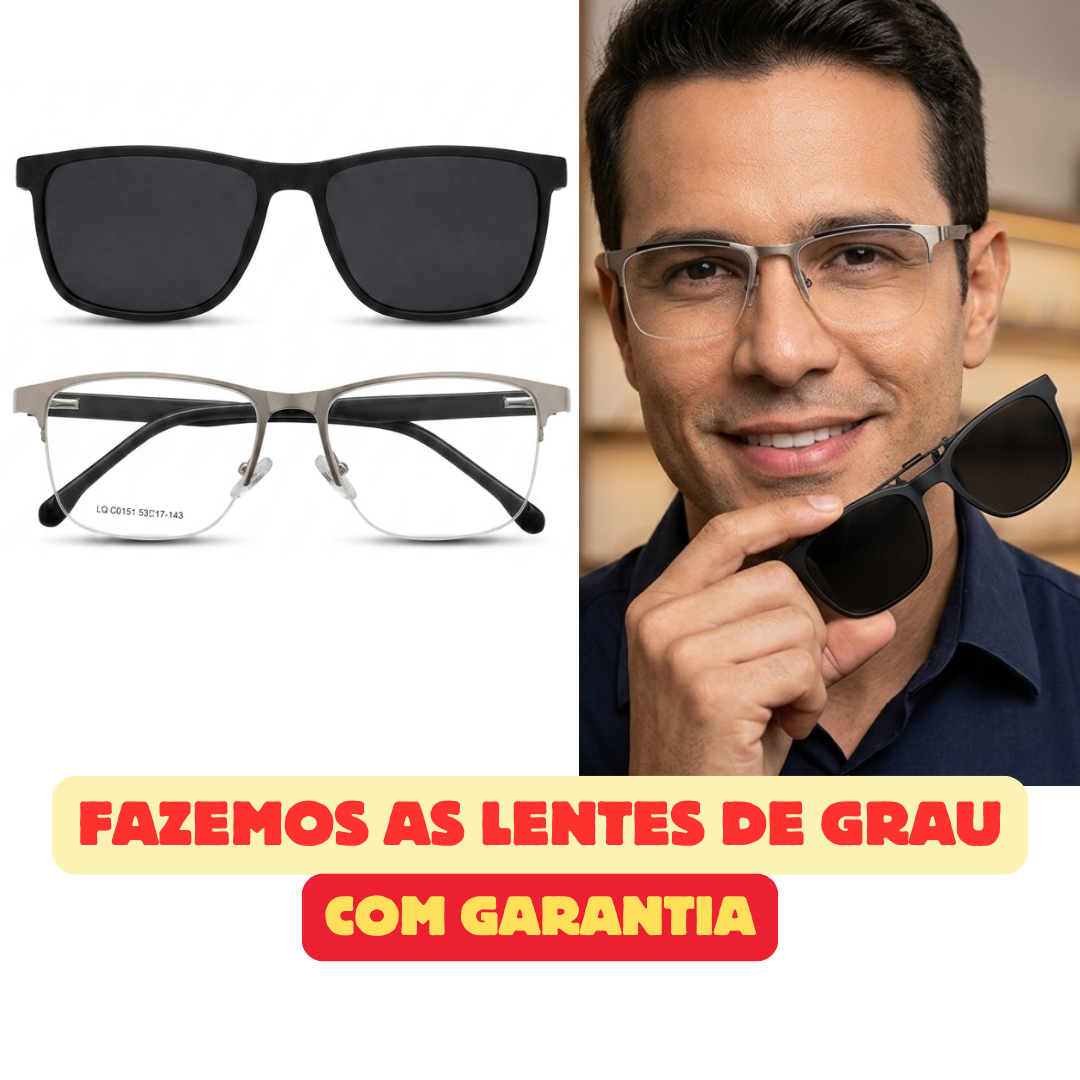 DR-127 Armação de Óculos Clipon Metal Prata Masculino Lente Adicional