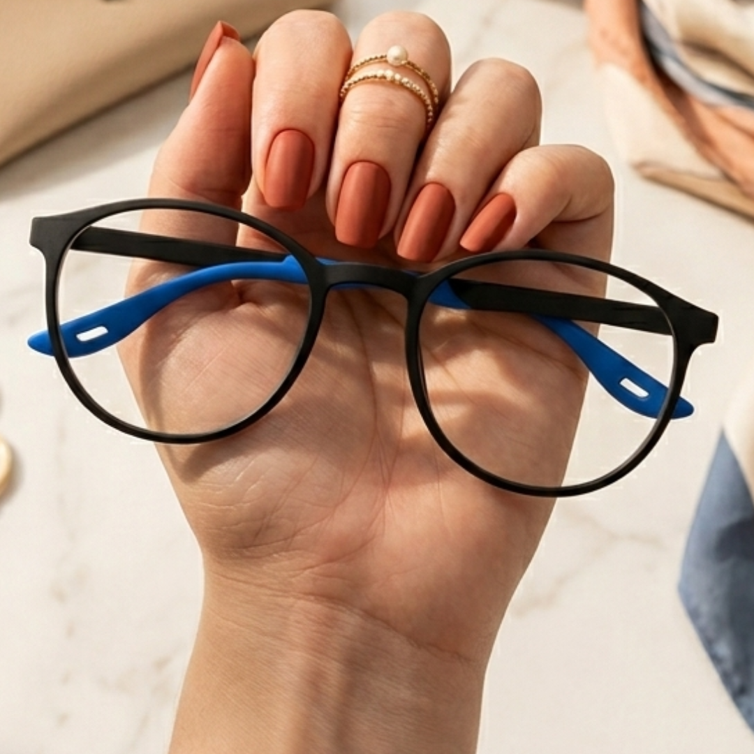 DR-138 Armação de Óculos Preto com Haste Azul Acetato Redondo Unissex