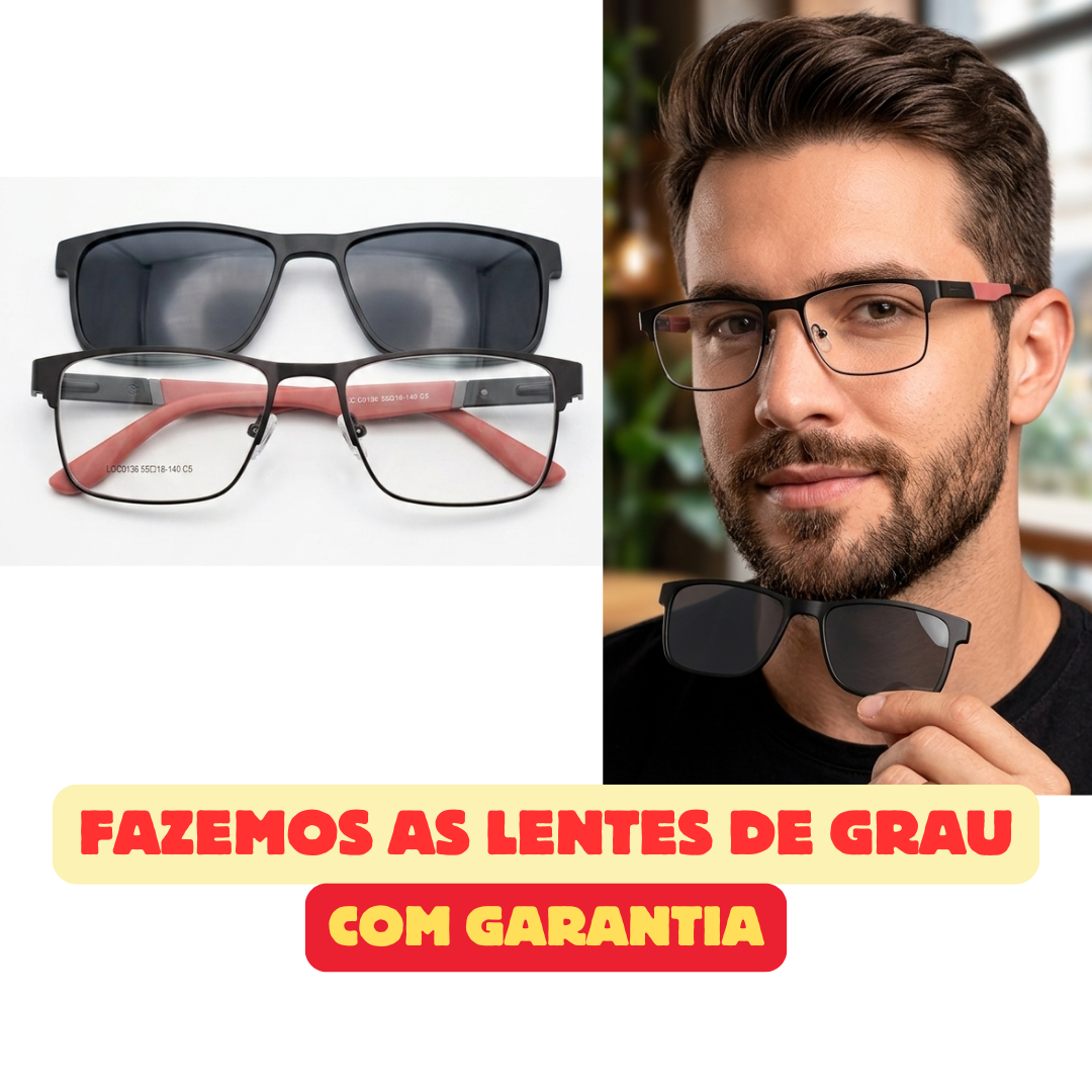 DR-116 Armação de Óculos Clipon Preto com Vermelho Metal Retangular Masculino