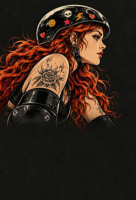 Ilustração de patinadora com cabelo ruivo, capacete com adesivos e braço tatuado, vista de perfil.