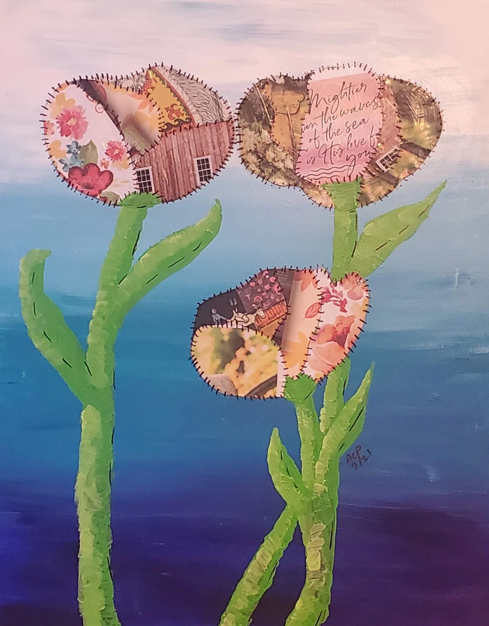 A 16x20 mixed-media floral painting featuring three tall stems topped with circular, quilt-style blooms made of patterned paper collage. Each flower blends texture, fabric imagery, and painted details, set against a gradient blue background. A creative project from Eclectica Studio & Gifts’ Therapeutic Art & Team Building collection, it encourages mindfulness, tactile engagement, and emotional storytelling through layered design.