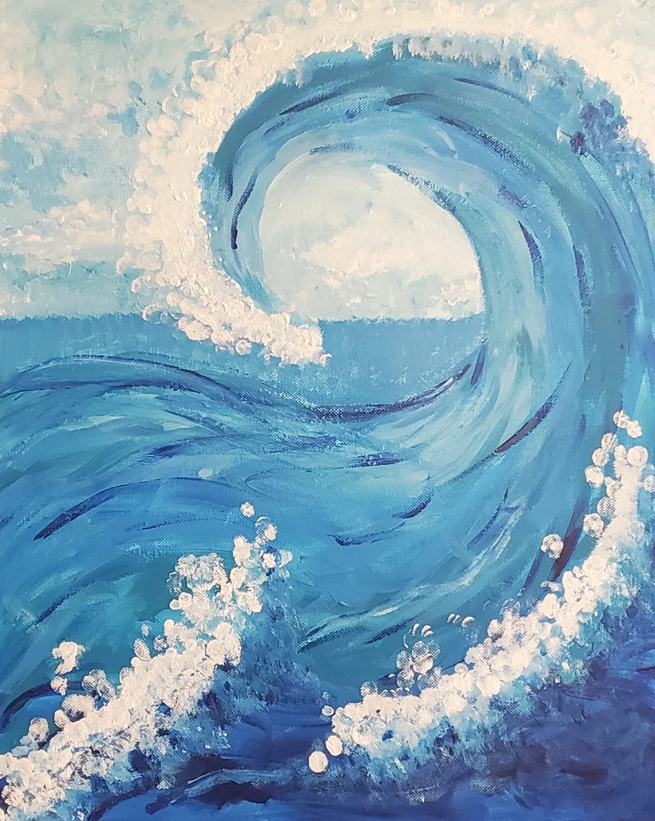 A stunning 16x20 ocean wave painting with bright blues, soft whites, and rolling textures. This beginner-friendly acrylic project captures the movement and power of the sea, using brush and sponge techniques to create depth and energy. Perfect for beach-themed paint nights or creative get-togethers at Eclectica Studio & Gifts, this design embodies flow, renewal, and calm — a favorite among the Grand Canvas Creations lineup.