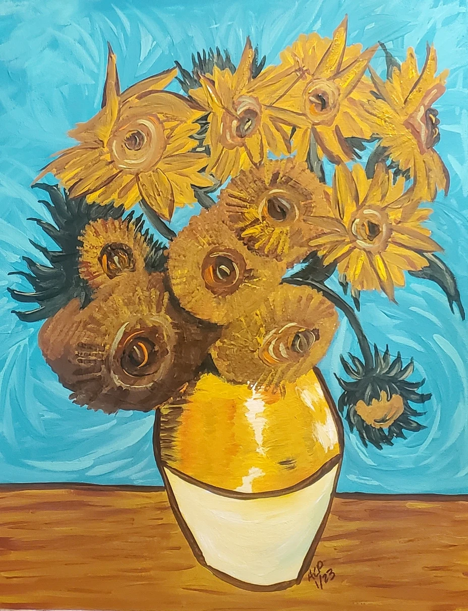 An acrylic interpretation of Van Gogh’s “Sunflowers,” painted in bold yellows and ochres with a vivid blue background. This 16x20 canvas celebrates texture, contrast, and expressive brushwork — perfect for artists of all skill levels. Featured in Eclectica’s Masters & Inspiration paint party series, this class encourages creativity, confidence, and joy through color and classic art techniques in Springfield, MO.