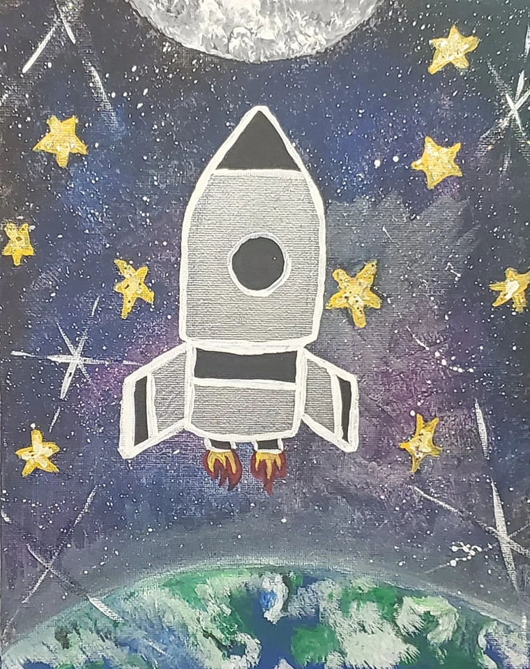A whimsical acrylic painting from an Eclectica Studio & Gifts Mini Masterpieces paint party, featuring a cartoon-style rocket ship blasting into space. The rocket is outlined in white with simple geometric shapes, red flames, and a circular window, making it a fun and accessible design for kids, families, and schools. The background displays a star-filled galaxy with swirling purples, blues, and whites, plus bright yellow stars surrounding a textured moon. Earth is shown at the bottom with hand-painted continents and oceans, adding depth and imagination. Perfect for STEM nights, birthday parties, and space-themed events, this project encourages creativity, curiosity, and hands-on learning in a playful painting experience.