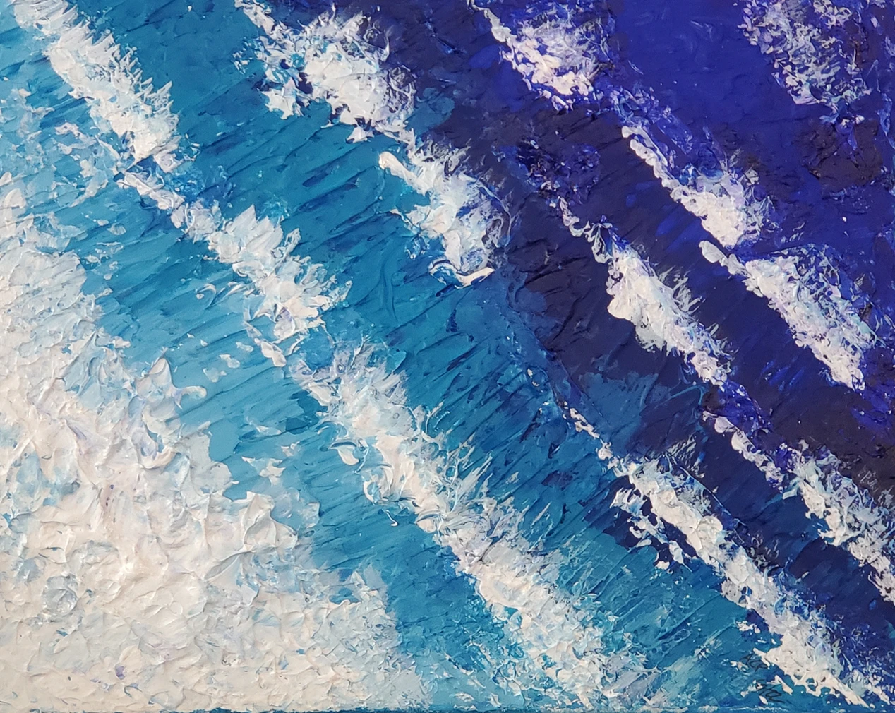 An abstract acrylic seascape featuring layered waves in shades of blue and white, created with a palette knife for texture and movement. This 16x20 canvas from Eclectica Studio & Gifts introduces participants to advanced techniques like impasto and tonal blending. Ideal for group paint parties or creative therapy sessions, it combines tactile engagement with ocean-inspired tranquility.