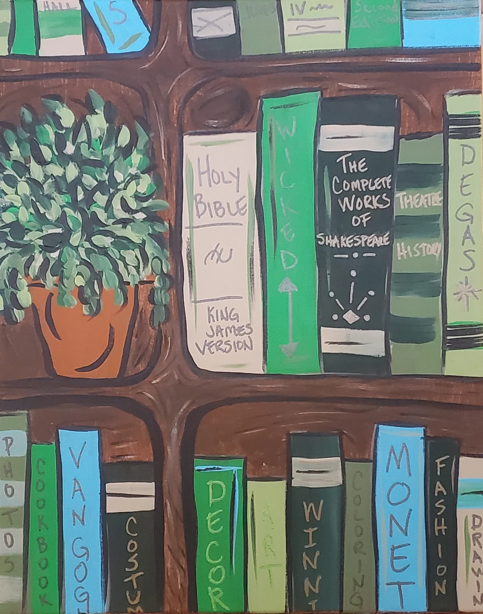A detailed 16x20 acrylic painting from Eclectica Studio & Gifts’ Grand Canvas Creations collection, depicting a cozy, stylized bookshelf filled with books, décor, and a leafy potted plant. Book titles like “Holy Bible,” “The Complete Works of Shakespeare,” “Wicked,” “Monet,” “Van Gogh,” and others add personality, warmth, and artistic flair. The shelves are painted in rich brown tones, with green, blue, and cream books arranged in visually pleasing patterns. This project blends creativity with personal expression, teaching layering, color blocking, and simple illustration techniques. Popular with book lovers, teachers, and themed group events, this design invites participants to relax, reflect, and paint a charming snapshot of their own reading world. Ideal for private parties, team building, and creative self-care sessions in Springfield, MO.