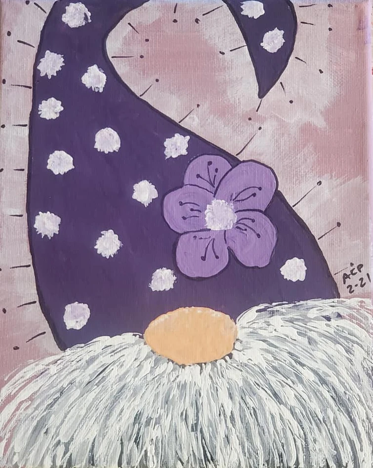 A whimsical acrylic painting created during an Eclectica Studio & Gifts paint party in Springfield, MO, featuring a charming gnome with a long white textured beard and a soft peach-colored round nose. The gnome wears an oversized purple hat decorated with white polka dots, stitched accent lines, and a lavender flower with a textured white center. The background blends light pink and mauve brush strokes, giving the piece a cozy, handmade feel. This beginner-friendly design is popular for seasonal parties, family events, and themed paint nights, offering guests a fun and approachable project that encourages creativity and relaxation. With its playful character style and simple step-by-step construction, this gnome painting is perfect for artists of all ages and skill levels, reflecting Eclectica Studio & Gifts’ mission to make art joyful, accessible, and community-centered.