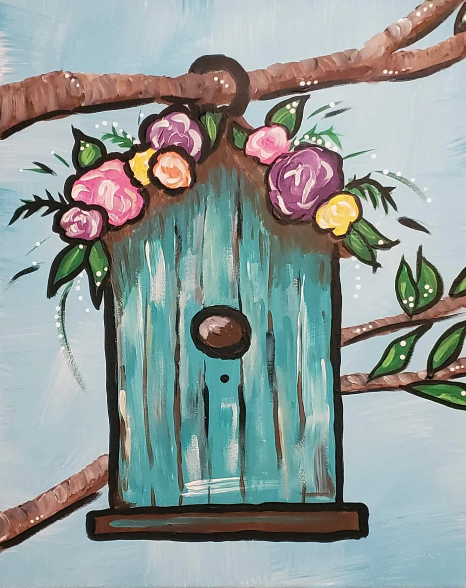 A rustic 16x20 acrylic painting featuring a teal wooden birdhouse adorned with pink, purple, and yellow flowers, hanging from a tree branch against a soft sky-blue background. Designed by Eclectica Studio & Gifts, this project blends charming detail with accessible techniques, perfect for all skill levels. Participants learn brush control, layering, and floral design while creating a bright, spring-inspired piece that symbolizes home, warmth, and creativity. Ideal for group paint parties or individual workshops in Springfield, MO.
