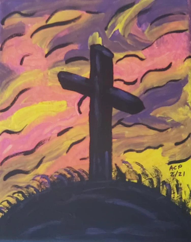 A vibrant acrylic painting created during an Eclectica Studio & Gifts paint party, featuring a bold black cross standing on a hill against a dramatic sunset sky. The background blends swirling strokes of pink, purple, yellow, and orange to create a glowing, spiritual atmosphere. The cross is centered and painted with strong, simple lines, symbolizing hope, faith, and reflection. The expressive brushwork and warm color palette make this an ideal beginner-friendly design for church groups, women’s ministries, retreats, and faith-based paint events in Springfield, MO. This artwork embodies Eclectica’s mission to help participants relax, connect, and express themselves through meaningful, guided creativity.