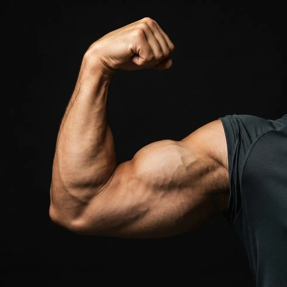Studio photography of a flexed bicep and forearm, highlighting muscle definition and strength against a dark background.