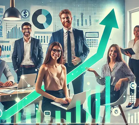 DALL·E 2025-01-13 12.49.20 - A vibrant image showing a group of businesspeople in a small