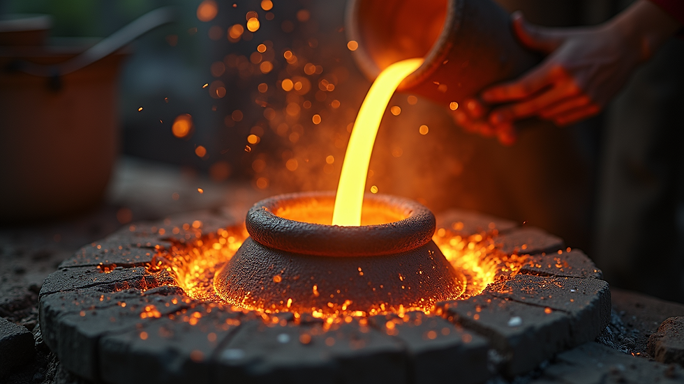 Eye-level view of molten metal being poured into a ceramic mold