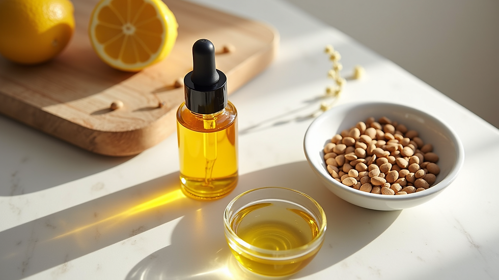 High angle view of a skincare setup with cold-pressed seed oils, a dropper, and a small bowl of seeds